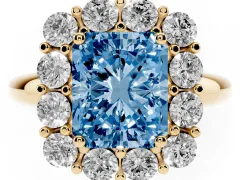 Fancy Blue Radiant Cut Diamond Halo Cluster Engagement Ring Set in Yellow gold with Polished Band and Prong Setting