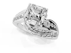 Asscher Cut Diamond Solitaire Ring Set in Silver with Layered Twist Pavé Band
