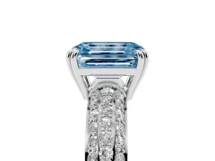 Fancy Blue Emerald Cut Diamond Solitaire Ring Set in Platinum with Multi-Row Round Pavé Band and Prong Setting
