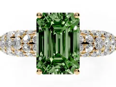Fancy Green Emerald Cut Diamond Pavé Band Solitaire Ring Set in Yellow gold with Close-Set Accent Stones and Prong Setting