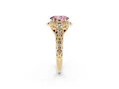 Fancy Pink Oval Cut Diamond Solitaire Ring Set in Yellow gold with Hidden Halo and Pavé Band