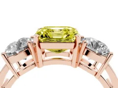 Fancy Yellow Asscher Cut Diamond Three-Stone Ring Set in Rose gold with Round Side Stones and Classic Band
