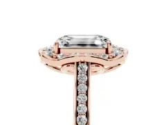 Emerald Cut Diamond Halo Ring Set in Rose gold with Pavé-Lined Shoulders and Prong Setting