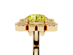 Fancy Yellow Round Cut Diamond Cluster Halo Ring Set in Yellow gold with Milgrain Bezel Accents and Plain Band