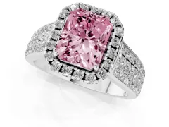 Fancy Pink Radiant Cut Diamond Halo Ring Set in Silver with Pavé Band and Raised Center Setting