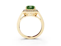 Fancy Green Princess Cut Diamond Halo Ring Set in Yellow gold with Accent-Lined Split Shank and Prong Setting