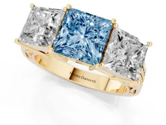 Fancy Blue Princess Cut Diamond Three-Stone Ring Set in Yellow gold with Textured Band