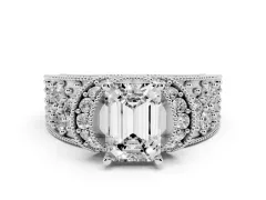 Emerald Cut Diamond Milgrain Halo Pavé Engagement Ring Set in Platinum with Prong Setting