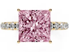 Fancy Pink Princess Cut Diamond Pavé Solitaire Engagement Ring Set in Yellow gold with Prong Setting