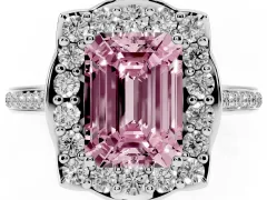 Fancy Pink Emerald Cut Diamond Halo Ring Set in Silver with Pavé-Lined Shoulders and Prong Setting