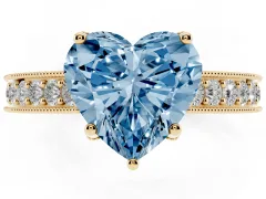 Fancy Blue Heart Cut Diamond Solitaire Ring Set in Yellow gold with Milgrain-Edged Pavé Band and Prong Setting