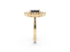 Fancy Black Emerald Cut Diamond Cluster Halo Ring Set in Yellow gold with Marquise and Round Accents