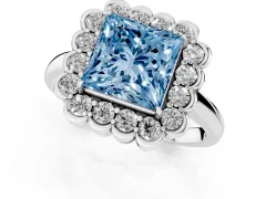 Fancy Blue Princess Cut Diamond Halo Cluster Engagement Ring Set in Silver with Solitaire Band and Prong Setting