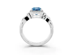 Fancy Blue Radiant Cut Diamond Halo Floral Band Ring Set in Silver with Prong Setting