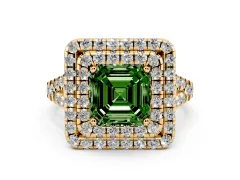 Fancy Green Asscher Cut Diamond Double Halo Ring Set in Yellow gold with Pavé Split Shank and Prong Setting