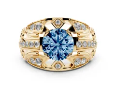 Fancy Blue Round Cut Diamond Art Deco Ring Set in Yellow gold with Pavé Split Shank