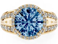 Fancy Blue Round Cut Diamond Halo Ring Set in Yellow gold with Double Pavé Split Shank