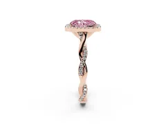 Fancy Pink Radiant Cut Diamond Halo Twist Band Solitaire Ring Set in Rose gold with Prong Setting