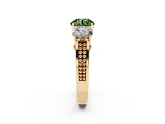 Fancy Green Round Cut Diamond Three-Stone Ring Set in Yellow gold with Textured Band