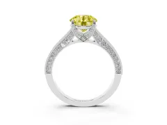 Fancy Yellow Round Cut Diamond Solitaire Ring Set in Silver with Milgrain-Edged Pavé Band and Prong Setting