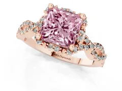 Fancy Pink Princess Cut Diamond Halo Twist Band Solitaire Ring Set in Rose gold with Prong-Set Center Stone