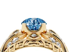 Fancy Blue Round Cut Diamond Art Deco Ring Set in Yellow gold with Pavé Split Shank