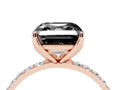 Fancy Black Asscher Cut Diamond Solitaire Engagement Ring Set in Rose gold with Round Pavé Band and Prong Setting