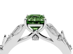 Fancy Green Emerald Cut Diamond Solitaire Ring Set in Silver with Leaf Motif Band