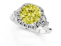Fancy Yellow Round Cut Diamond Halo Engagement Ring Set in Platinum with Vintage-Inspired Band and Prong Setting