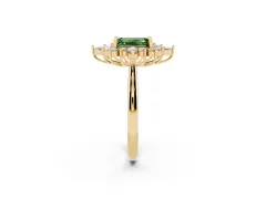 Fancy Green Emerald Cut Diamond Cluster Halo Ring Set in Yellow gold with Marquise and Round Accents
