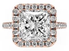 Princess Cut Diamond Halo Pavé Engagement Ring Set in Rose gold with Prong Setting