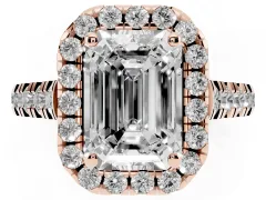 Emerald Cut Diamond Halo Engagement Ring Set in Rose gold with Pavé Band and Prong-Set Center