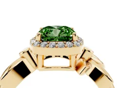 Fancy Green Cushion Cut Diamond Halo Floral Band Ring Set in Yellow gold with Prong Setting