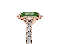 Fancy Green Emerald Cut Diamond Solitaire Ring Set in Rose gold with Pavé Band and Floral Prong Setting