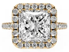 Princess Cut Diamond Pavé Halo Engagement Ring Set in Yellow gold with Pavé Band and Prong Setting