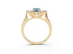 Fancy Blue Emerald Cut Diamond Cluster Halo Ring Set in Yellow gold with Marquise and Round Accents