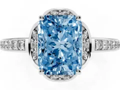 Fancy Blue Radiant Cut Diamond Halo Ring Set in Platinum with Channel Set Band and Prong Setting