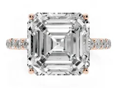 Asscher Cut Diamond Solitaire Engagement Ring Set in Rose gold with Round Pavé Band and Prong Setting