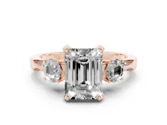 Fancy Yellow Emerald Cut Diamond Three-Stone Ring Set in Rose gold with Pavé Band and Smaller Side Stones