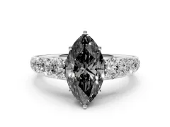 Fancy Black Marquise Cut Diamond Solitaire Ring Set in Platinum with Pavé-Set Band and Prong Setting