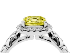 Fancy Yellow Cushion Cut Diamond Halo Ring Set in White gold with Filigree Leaf Band and Prong Setting