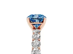 Fancy Blue Cushion Cut Diamond Solitaire Ring Set in Rose gold with Shared Prong Pavé Band