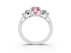 Fancy Pink Cushion Cut Diamond Three-Stone Ring Set in White gold with Round Side Stones and Classic Band