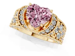 Fancy Pink Heart Cut Diamond Milgrain Halo Pavé Engagement Ring Set in Yellow gold with Prong Setting