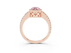 Fancy Pink Pear Cut Diamond Halo Ring Set in Rose gold with Pavé Shoulders and Halo-Framed Center