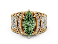 Fancy Green Marquise Cut Diamond Milgrain Halo Pavé Engagement Ring Set in Yellow gold with Prong Setting
