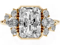 Radiant Diamond Cluster Side Stone Ring Set in Yellow gold with Pear and Round Side Stones