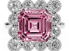 Fancy Pink Asscher Cut Diamond Cluster Halo Ring Set in Silver with Milgrain Bezel Accents and Plain Band