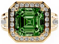 Fancy Green Asscher Cut Diamond Halo Ring Set in Yellow gold with Pavé and Bezel Accent Split Shank
