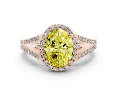 Fancy Yellow Oval Cut Diamond Halo Split Shank Pavé Ring Set in Rose gold with Prong Setting